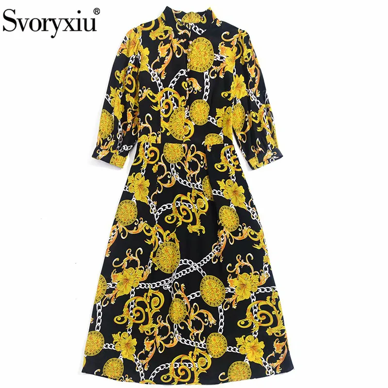 

Svoryxiu Designer Summer Party Silk Plus Size Dresses Women's Fashion Half Sleeve Golden Flower Chain Print Midi Dress Vestdios