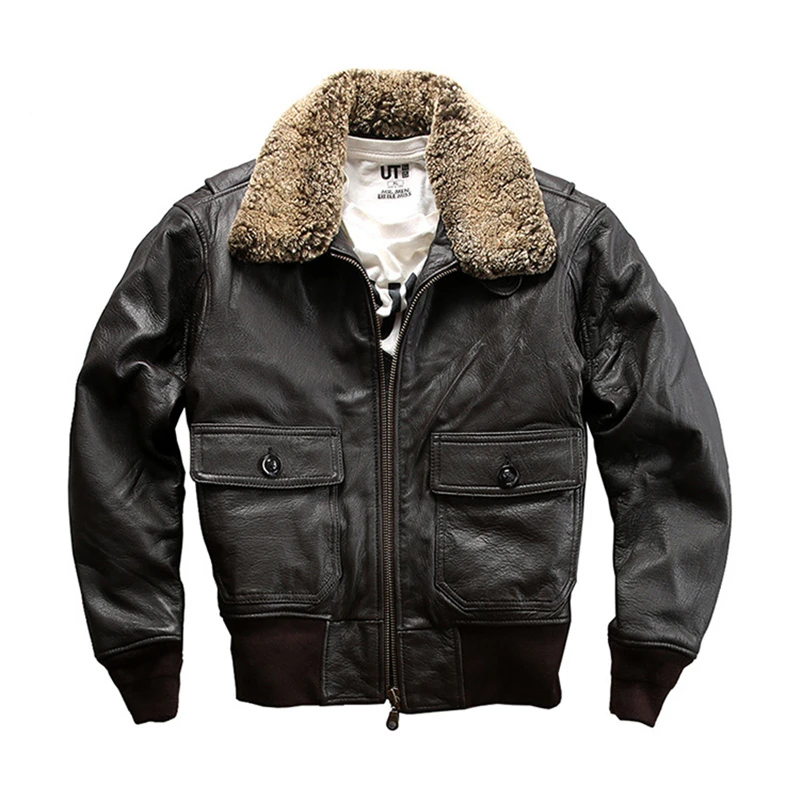 

Flight Air Force Fur Collar Genuine Leather Men Black Brown Sheepskin Coat Winter Bomber Jacket Male Free