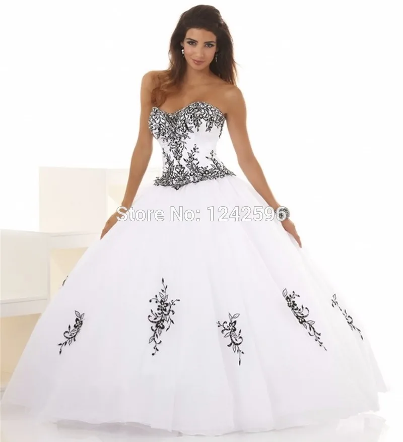 white and black Недорогое бальное платье, свадебные платья, черно-белая вышивка, тюль, корсет для женщин, принцесса, свадебные платья, милые 16 платьев - Цвет: white and black