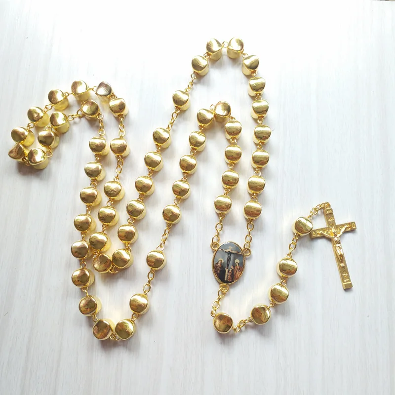 QIGO новый дизайн длинные золотые акриловые бусы ожерелье с розам крест Иисус