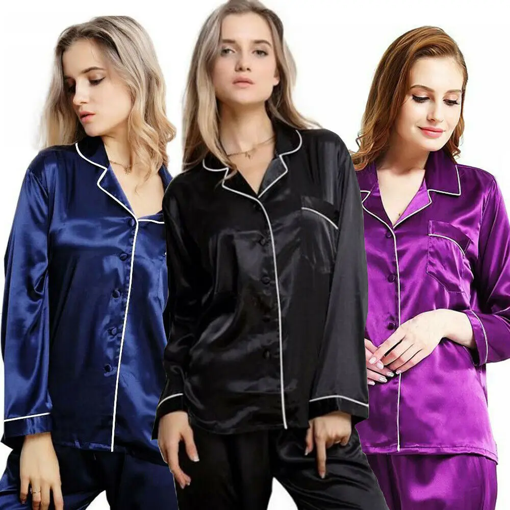 

New Fashion Casual Women's Silk Satin Pajamas Pyjamas Set Long Sleeve Sleepwear Pijama Pajamas Suit