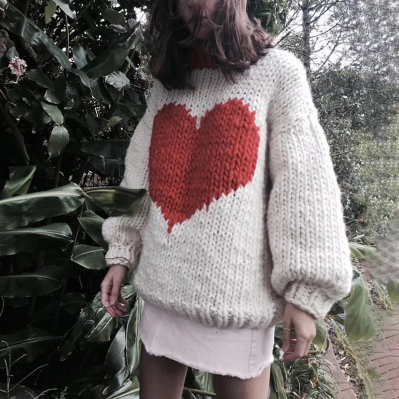 TWOTWINSTYLE Patchwork Heart Hit Color Women's Sweater Lantern Long Sleeve O Neck Oversized Female Sweaters 2019 Autumn Fashion | Женская