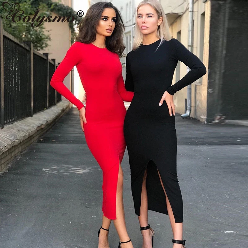 Colysmo осенне зимнее облегающее платье женское однотонное с длинным рукавом и