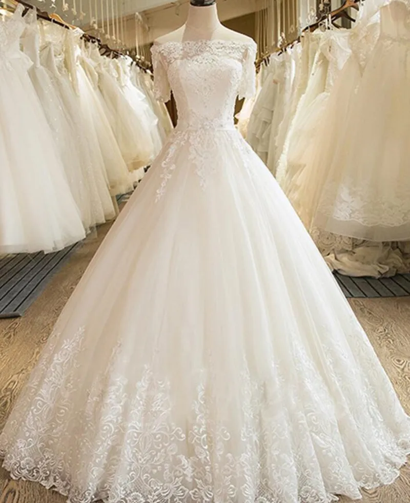 

Оптовая продажа, белое кружевное Плиссированное бальное платье цвета слоновой кости с открытыми плечами и рукавом до локтя, в пол, свадебное платье