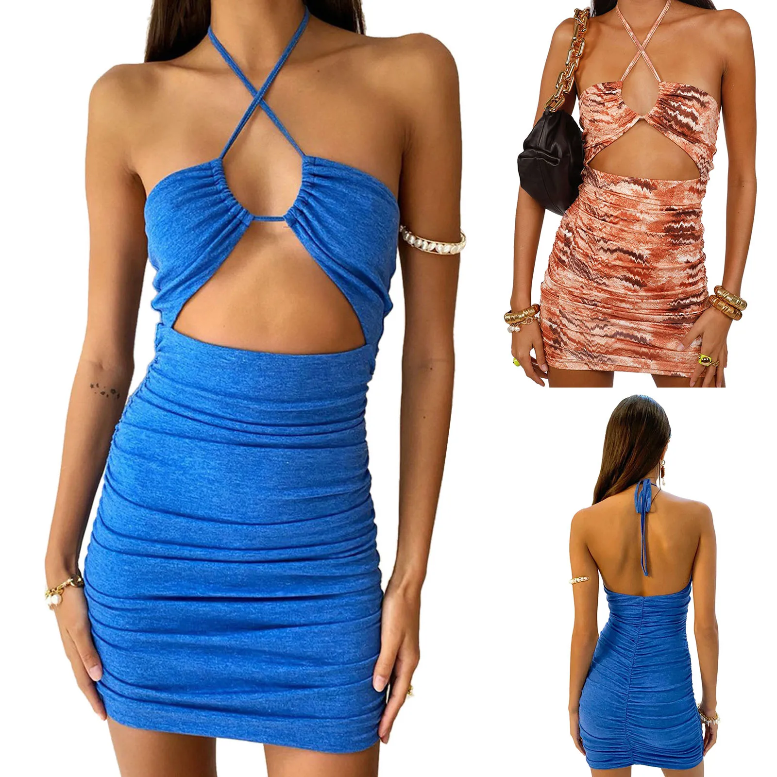 

Women’s Sexy Halter Tie-up Skinny Dress Fashion Solid Color/Printing Backless Short Dress