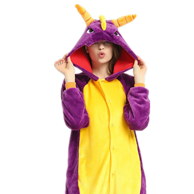 2019 Winter Women Kigurumi Onesie Dinosaur Dragon Pajamas Sets Cute Flannel Animal Pajama Nightie Warm Hooded Sleepwear Costume