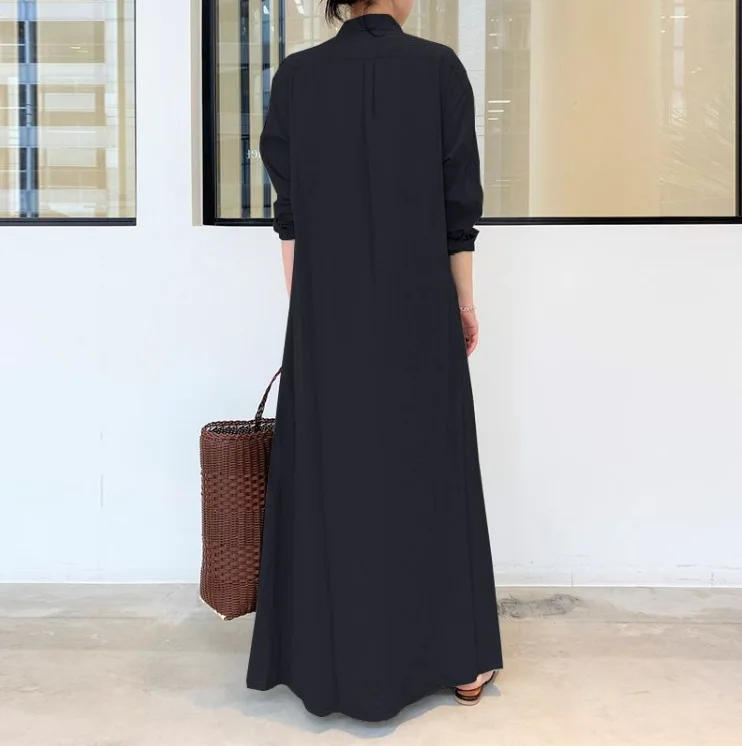 

2021 dress solid color Lapel long sleeve skirt pocket loose long shirt dress cotton linen