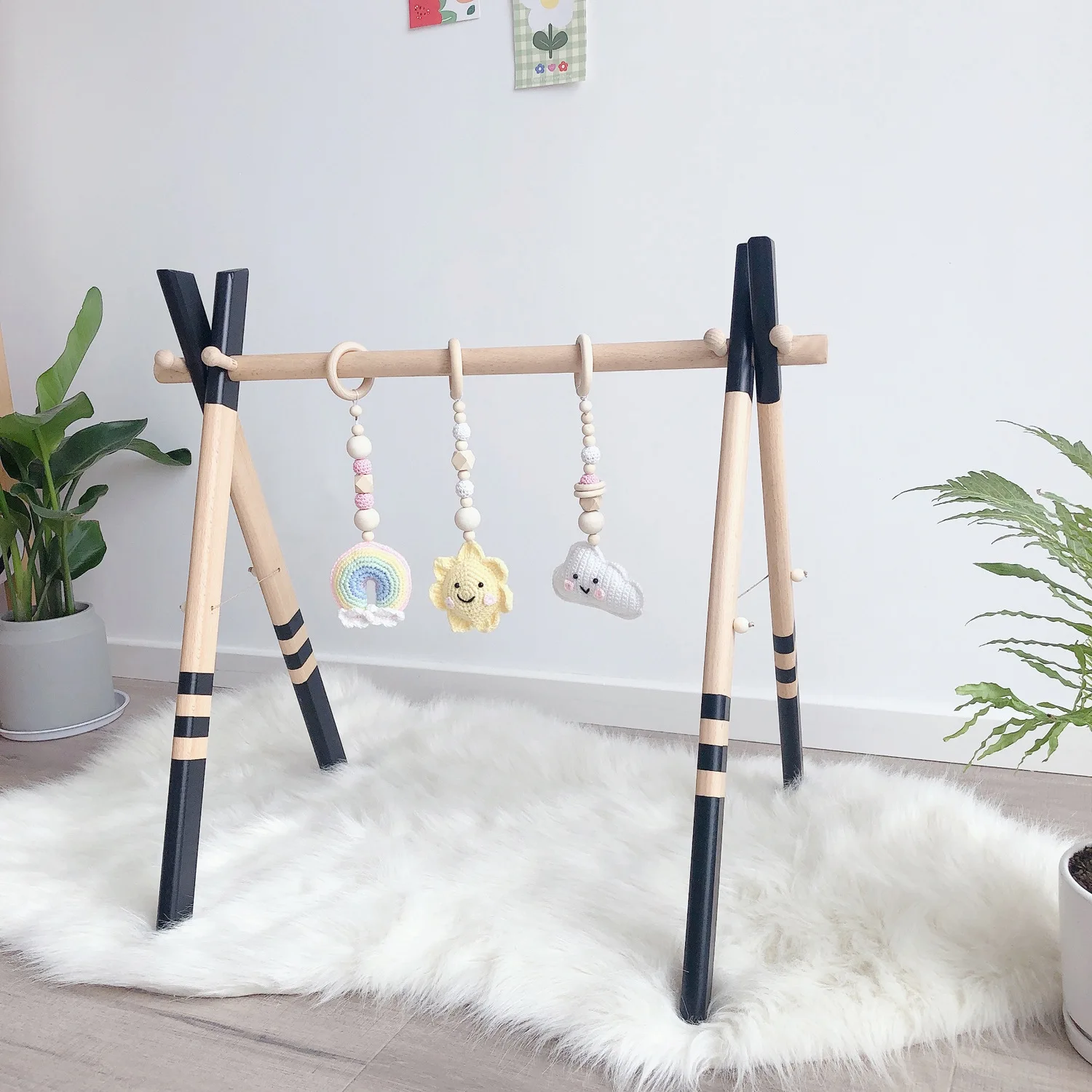 Nordic Baby Play Gym Wooden Baby Gym with 3 Toys Foldable Play Gym Frame Activity Gym Room Decor Shelf Hanging Bar Baby Toy