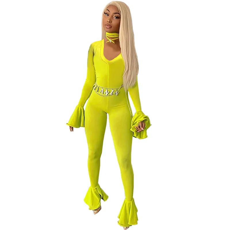 Осенний комбинезон Женский бандажный с v образным вырезом длинным рукавом