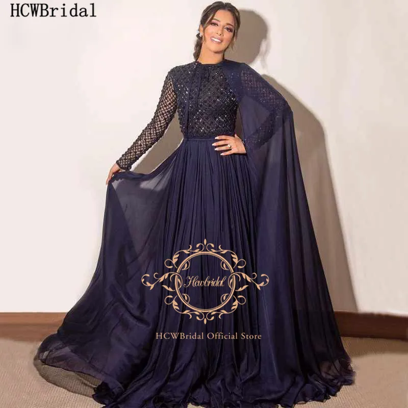 

Long Sleeves Navy Blue Saudi Arabic Evening Dress With Cloak Luxury Beading Chiffon Plus Size Prom Formal Dresses Celebrity Gown