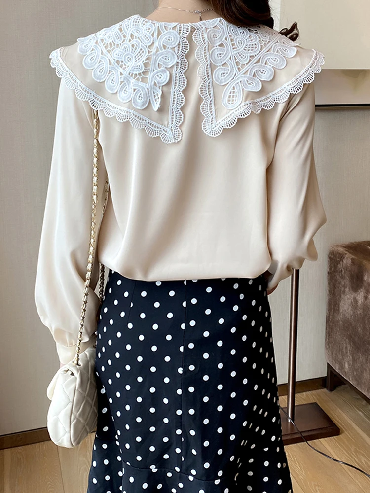 

Houthion New Long-sleeved Women's Blouse Doll Collar 2021 Summer Solid Splicing Chiffon Comfortable Fashion Tops Casual Shirt