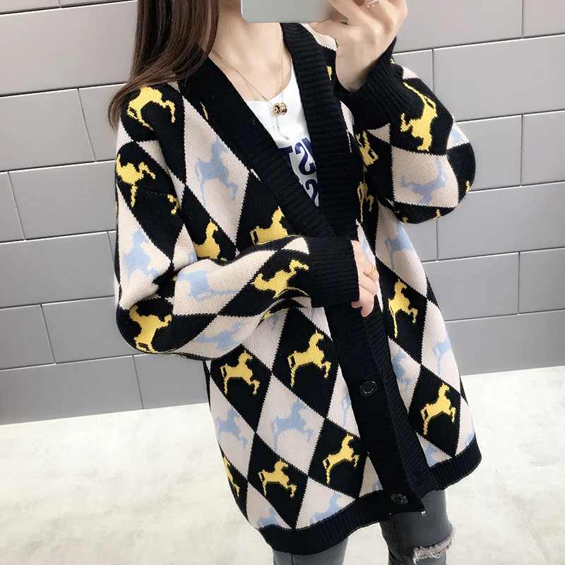 2019 New Spring Autumn Female Loose Student Sweater Cardigan Lattice Printed Single Breasted Color matching Knitting Women SS513 |