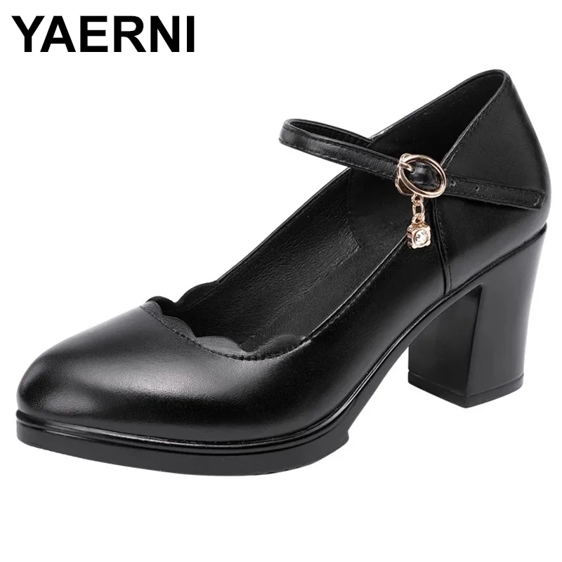 

YAERNI 2021 Women Pumps Comfortable Leather High Heel Shoes Women Round Toe Casual Thick Heels Office Shoes Black White