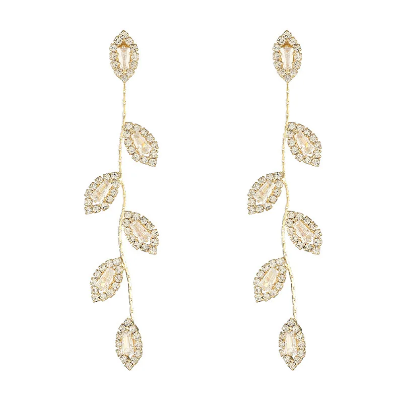 

Rhinestone Leaf Drop Tassel Earrings For Women Wedding Fashion Jewelry Gift Silver Plated Oorbellen Pendientes Earings Bijoux