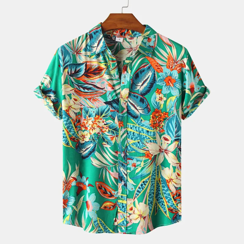

LUCLESAM 2021 Men Summer Pure Cotton Mens Hawaiian Shirt Printed Short Sleeve Big Us Size Hawaii Flower Beach Floral Patterns