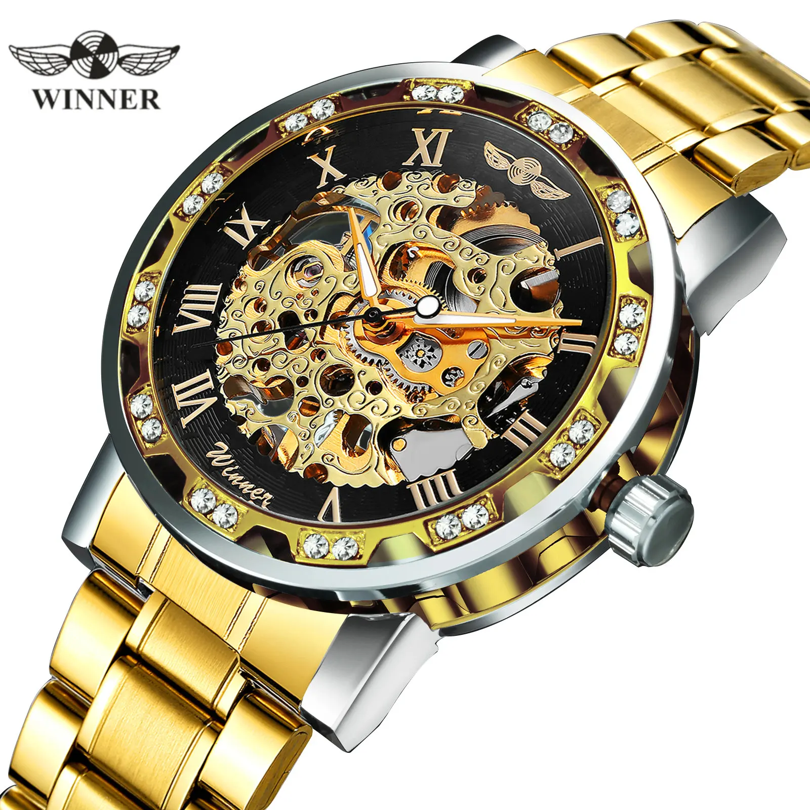 Механические часы WINNER Skeleton мужские с кристаллами золотистым циферблатом