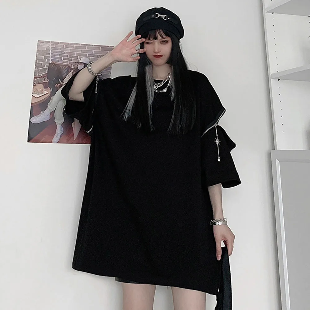 

2021 New Fashion High Street Solid Color Zipper Split Fork Strapless Loose Casual T-Shirt Round Neck 7 Sleeves Hipster Design