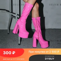 ribetrini ins brand luxury designer platform block high heels women mid calf boots fashion candy color zipper goth ladies shoes