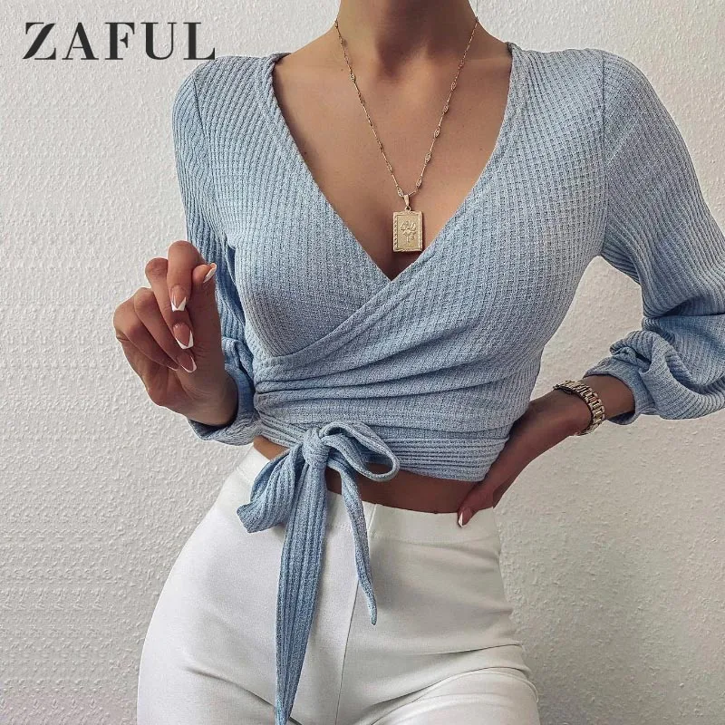 

ZAFUL Casual Cotton T Shirt Knit Long Sleeve Wrap Top V Neck Women's Sexy Crop Tops Streetwear 2020 Autumn
