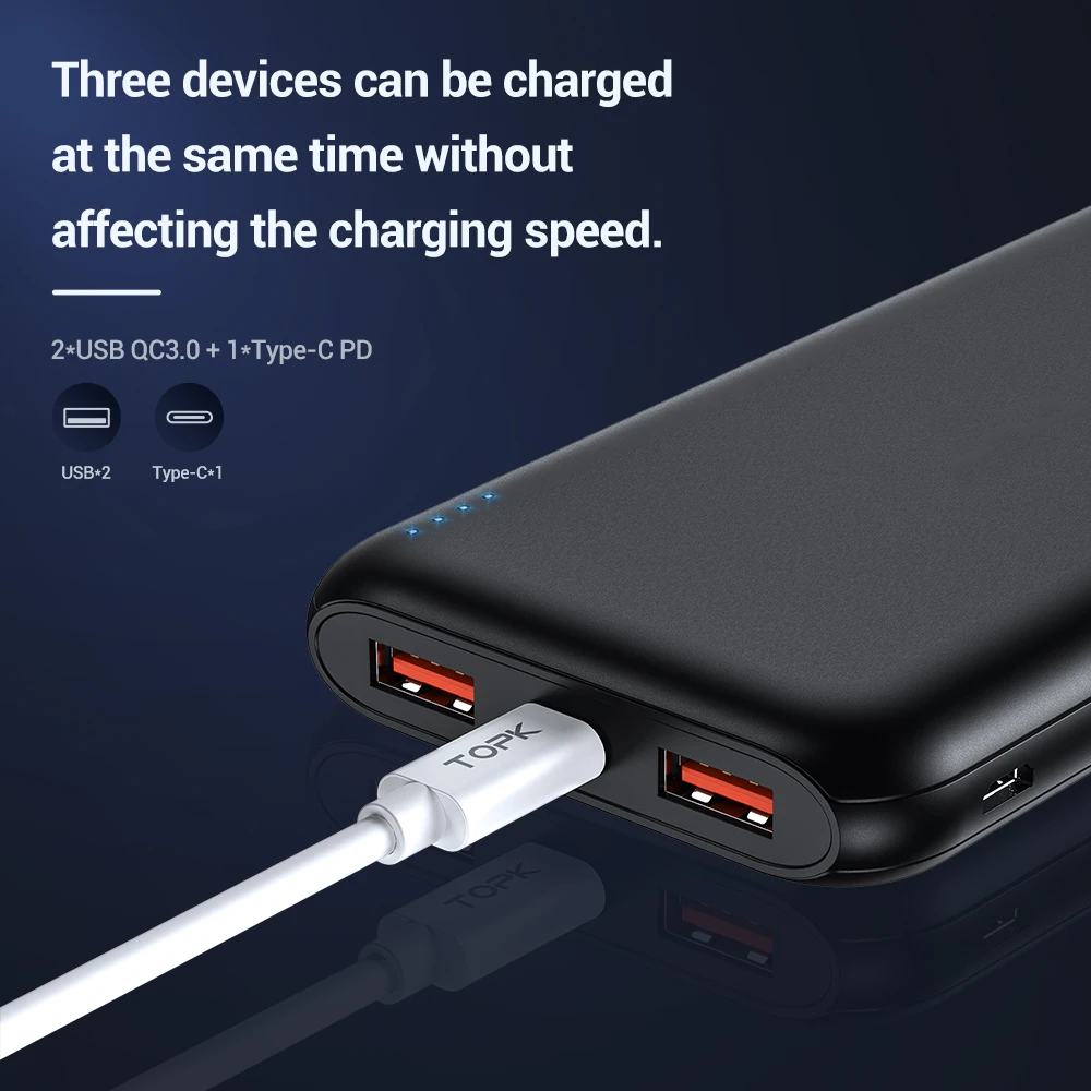 TOPK power Bank 10000 мАч Быстрая зарядка 3 0 usb type C PD внешний аккумулятор портативное