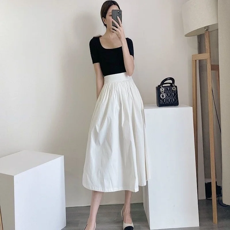 

Jupe Femme Faldas Saia 2021 New Summer Women Korean Solid Color Pleated Skirt Drape Elastic Waist White Black Midi Skirts