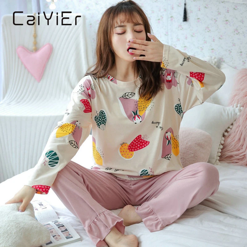 

CAIYIER Korea Winter Cotton Cartoon Girl Pajama Set Round Neck Leisure Sleepwear For Women Soft Loungwear Lovely Nightwear M-2XL