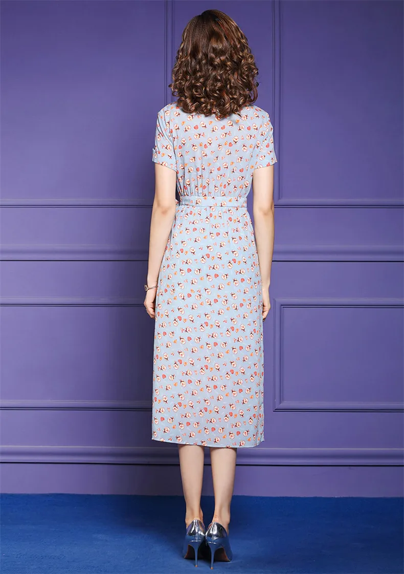 

Elegant Women's Dress 2020 Summer Fashionable Women Turn-down Collar Tunic Flower Print Bow Deco Short Sleeve Mid-Calf Dress 3XL