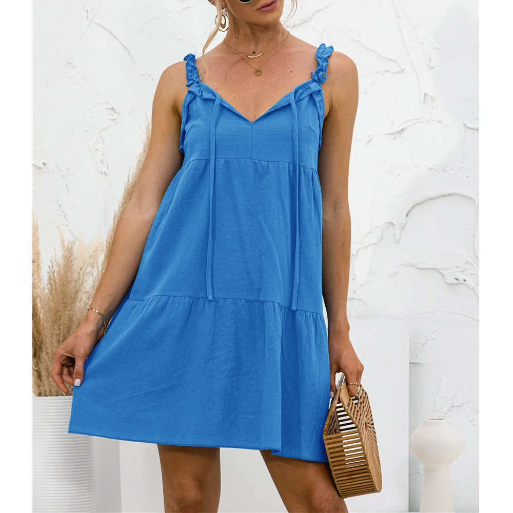 

Women Sexy Red Loose Mini Dress Ruffles Spaghetti Strap V Neck Solid Color Female Summer Short Dresses Casual 2021 New Hot