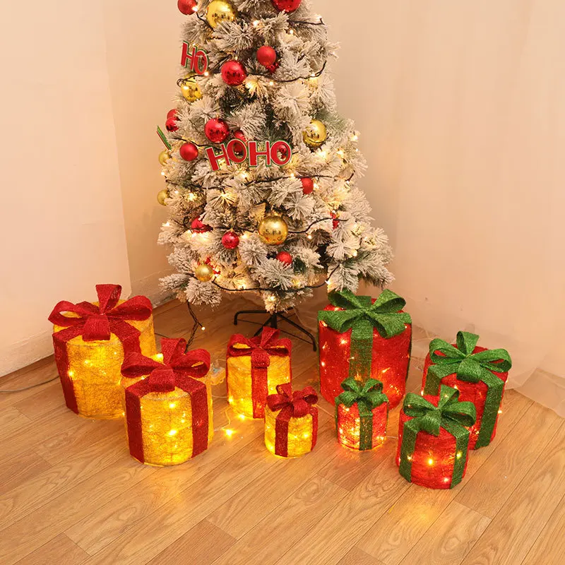 

Christmas Hemp Silk Round 4 Piece Set Chrismas Luminous Hemp Ribbon LED Light Gift Box Decoration Ornaments Party Supplies