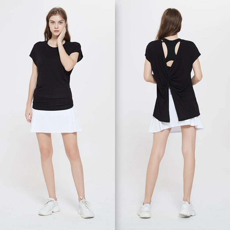 

Eshion Solid Yoga Shirts Back Furcation Yoga Clothes Short Sleeve Running T-shirts Women's Fitness Sports Wear for Gym Fashions