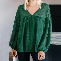 solid colors chiffon jacquard t shirts spring autumn women v neck lantern sleeve tops 2021 new embroidery casual sexy mesh tees