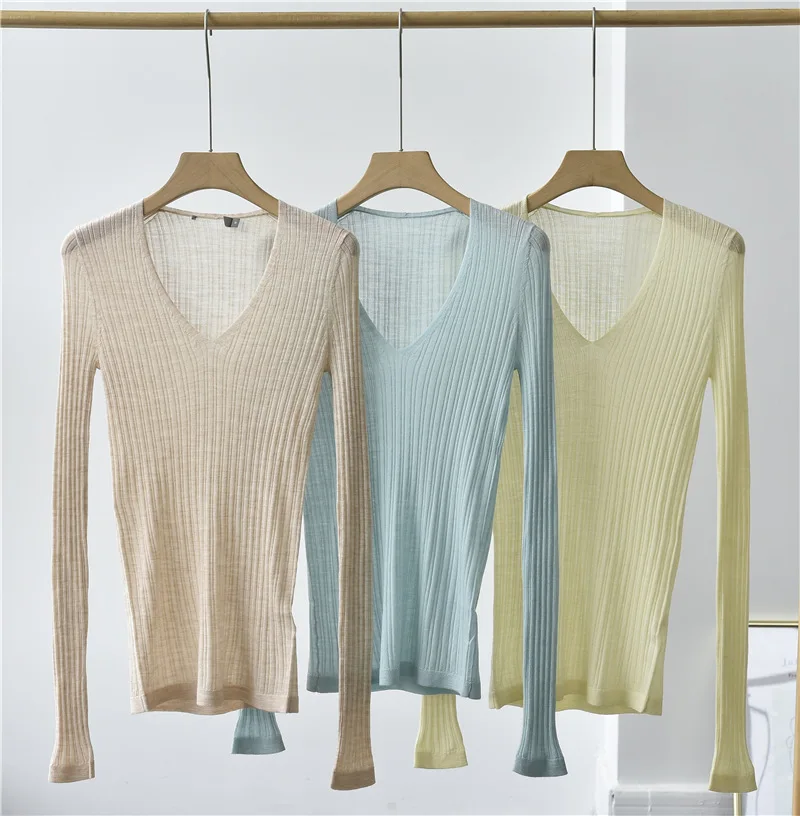 

Wen Si Jia ~ T-shirt thin 2021 spring single piece base coat wool cashmere sweater V-neck slim women's wear
