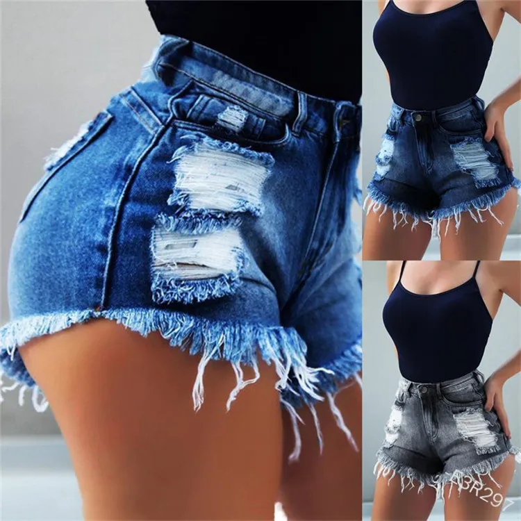

WEPBEL Summer Fashion Hole Distressed Tassel Denim Shorts Women's Casual High Waist Pocket Solid Color Straight Short Jeans