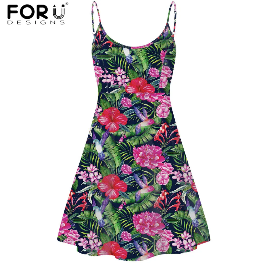 

FORUDESIGNS Fashion Style Women Casual Swing Dress Tropical Flower Pattern Printing Slip Mini Sundress Lady Party Club Vestidos