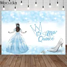 Фон для фотосъемки с изображением принцессы Quinceanera небесно-голубого сияющего боке на высоких каблуках Декор милая девушка на 15-й день рождения фон для фотостудии