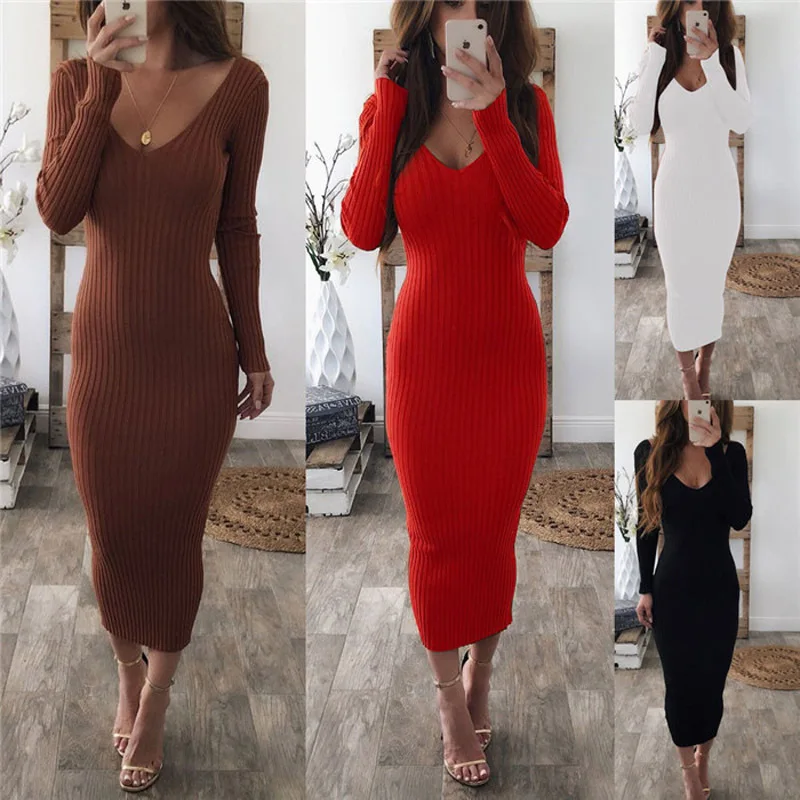 

2021 Autumn New Sexy Round Neck Long-Sleeved Dress Ladies Off-Shoulder Solid Color Basic Slim Mid-Length Knitted Sweater Dress