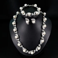rhinestone faux pearl necklace stud earrings bracelet women bride jewelry set
