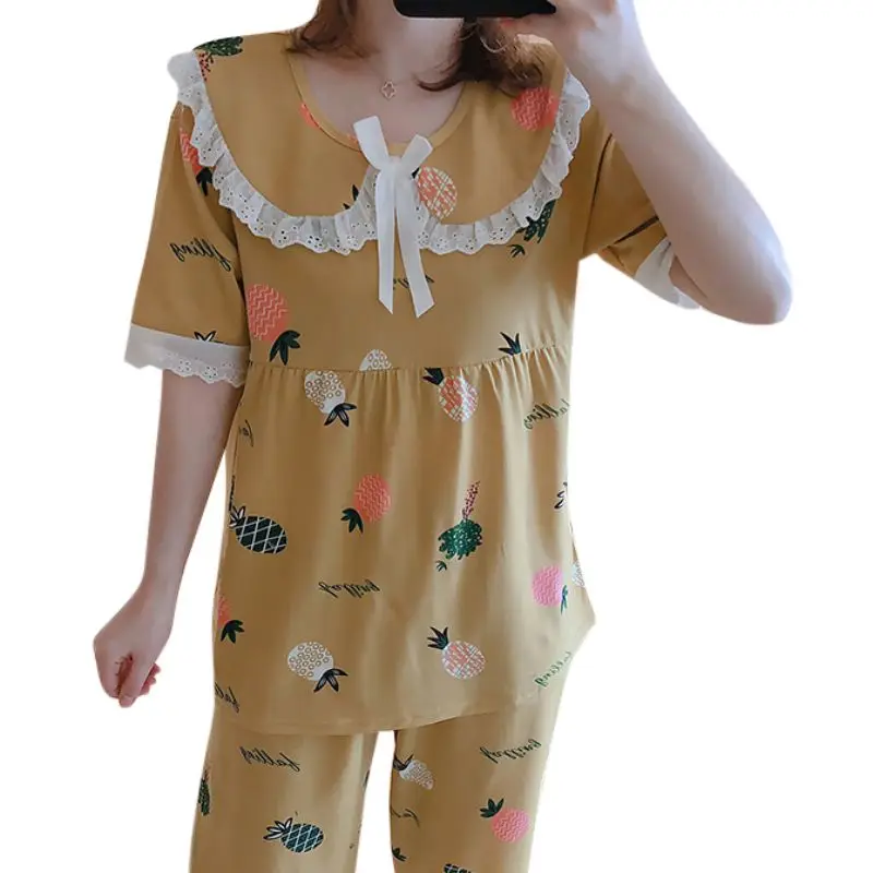 

Summer Cute Printed Short-sleeved Cropped Pants Home Pajamas Loose Doll Collar Pajamas Two-piece Suit