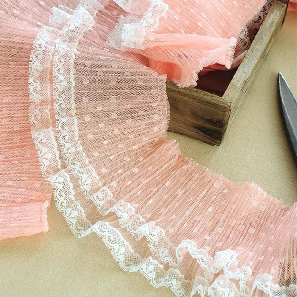 

Двухслойная гофрированная кружевная отделка в горошек, мягкая плиссированная кружевная отделка для «сделай сам», юбка Лолиты, свадебное ук...