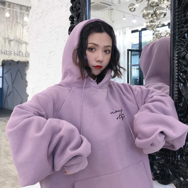 purple Женские толстовки с капюшоном, плотные, бархатные, теплые, мягкие, с буквенным принтом, простые, подходят ко всему, с карманами, для отдыха, пуловеры, женские, модные свитеры - Цвет: purple