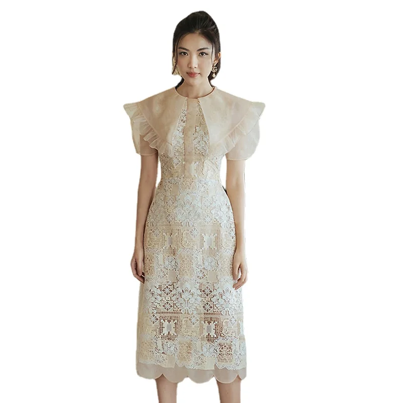 Vietnam Thai Fashion Brand 2022 Summer New Embroidered Lace Stitching Large Lapel Ruffled French Dress