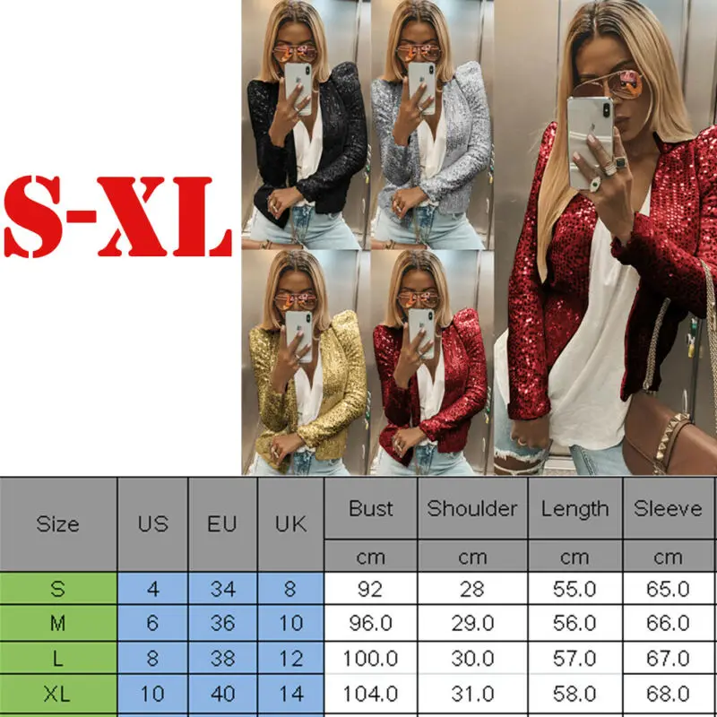 Women Ladies Solid Sequined Sexy Casual Coat Jacket Slim Bodycon Suit Collarless Open Stitch | Женская одежда