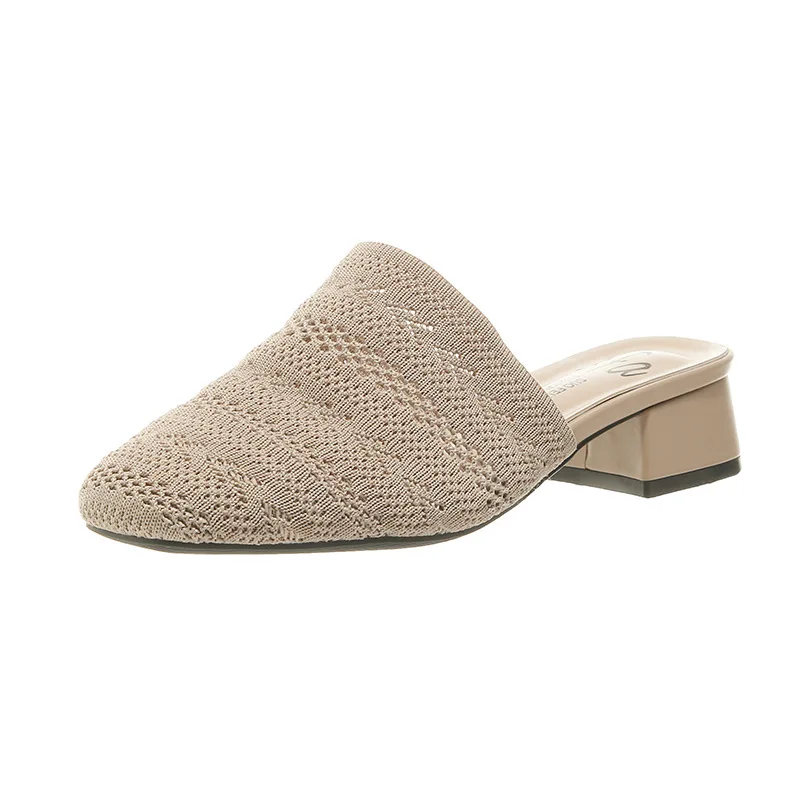 

Slippers Casual Female Shoes Square heel Fretwork Heels Heeled Mules Black Sandals Cover Toe Slides Low Luxury 2021 Block Soft H