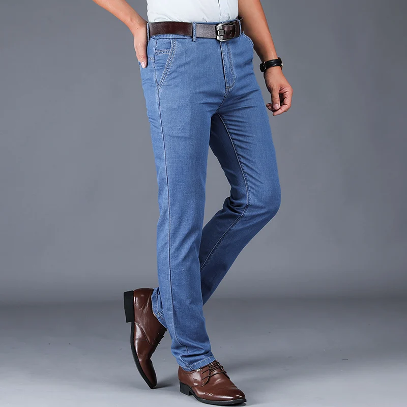 

2020 High Waist Slim straight pants New Style Fashion Business Casual Men Jeans Quality trousers Men Loose Stretchy blue Jeans
