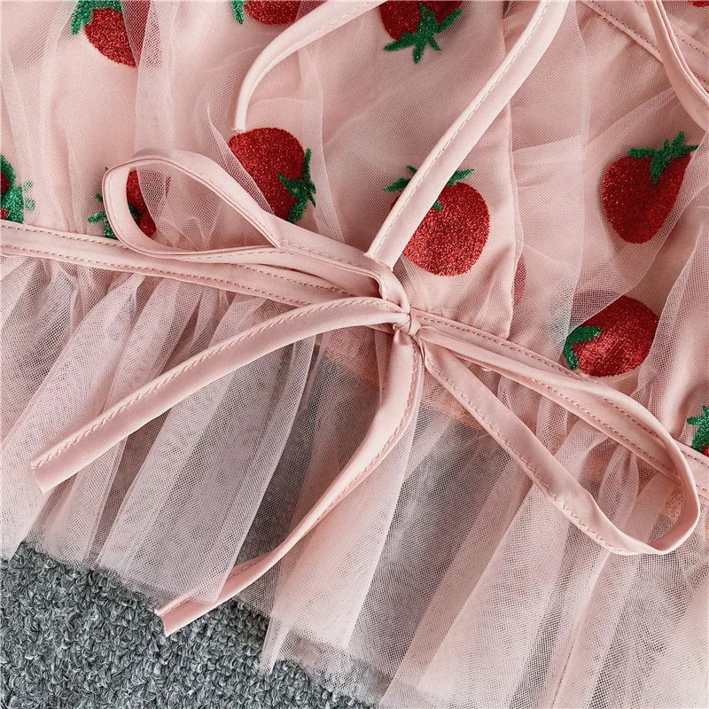 

sweet women strawberry blouse summer short sleeve v neck back zipper shirt slim puff sleeve ruffles tops 2021