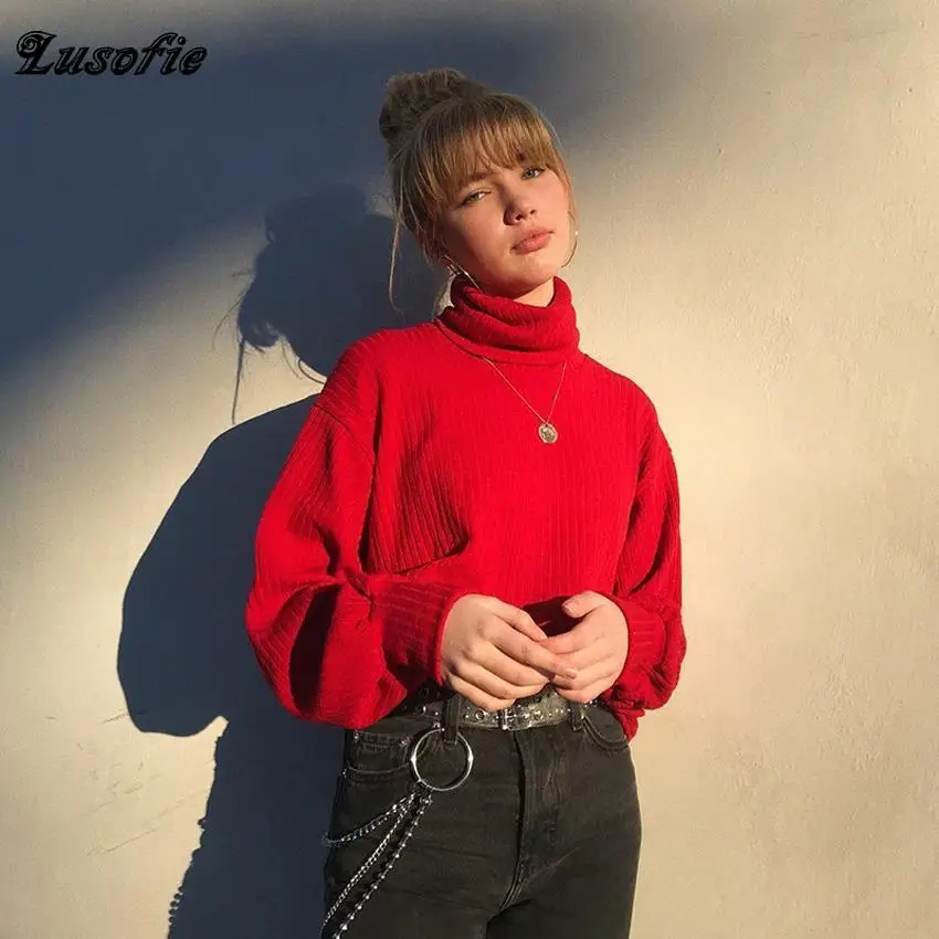 Lusofie осенний Новый красный свитер с длинным рукавом и высоким воротником