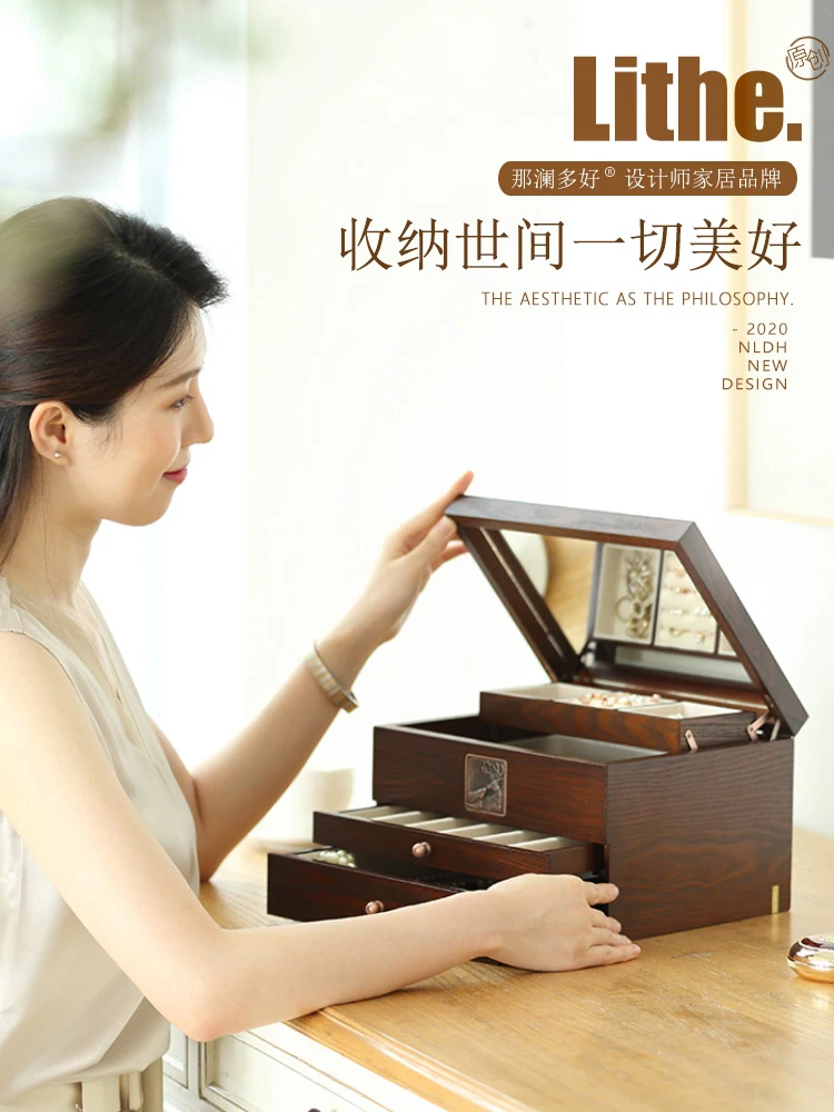 Large-capacity Wooden Jewelry Box Princess European Style Earrings Earrings Ring Watch Jewelry Storage Box Classic Three-color