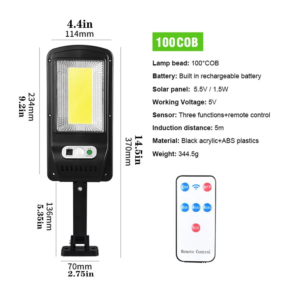 

Solar LED Street Light With PIR Motion Sensor Remote Control Smart Lamp Outdoor Garden Security Wall Light 100 COB
