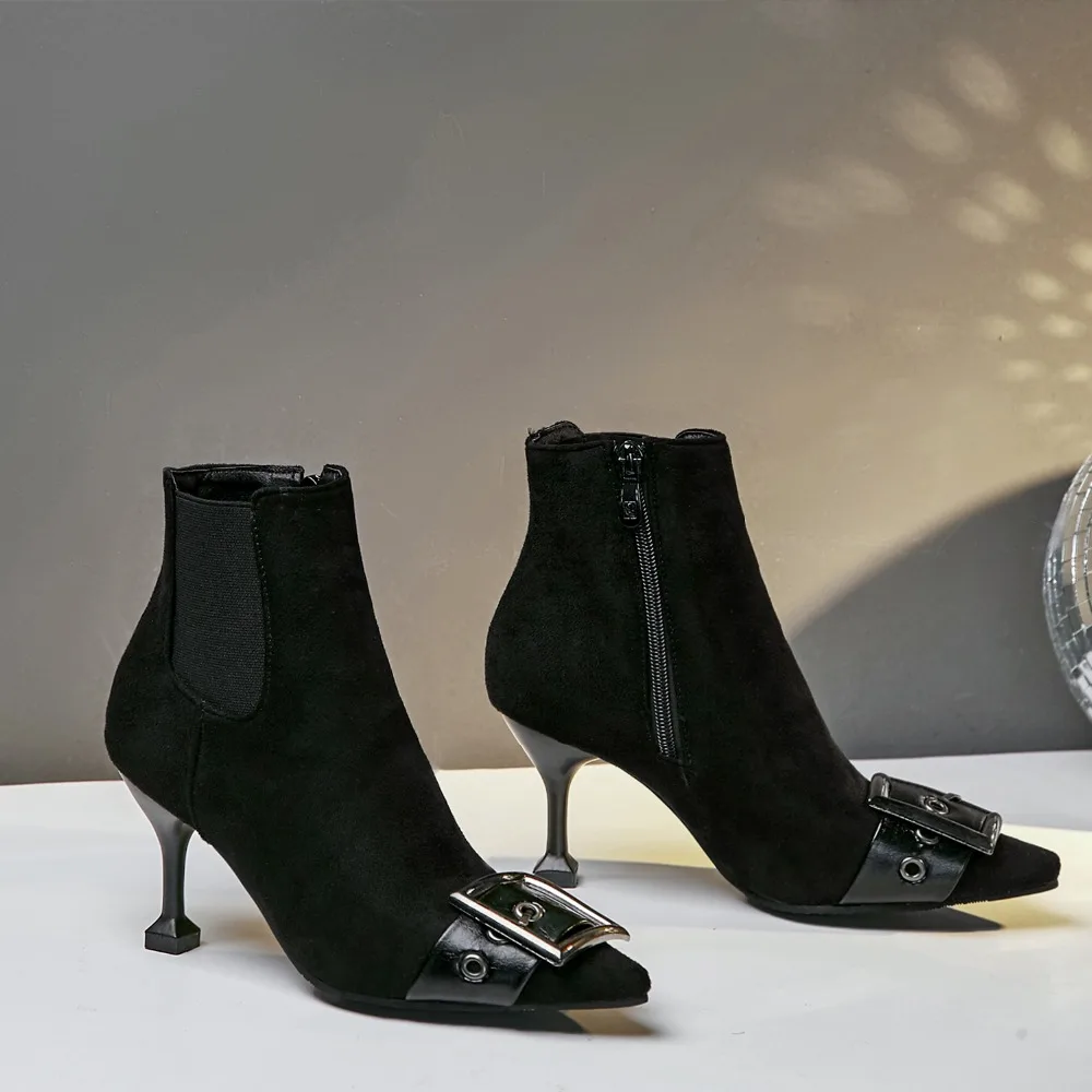 Ботильоны женские с пряжкой Винтажные ботинки из искусственной кожи на высоком