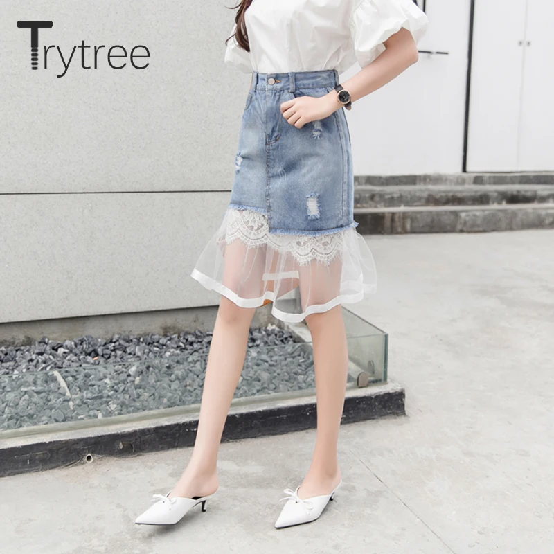 Весенняя женская повседневная юбка Trytree 2020 с карманами на пуговицах ковбойская